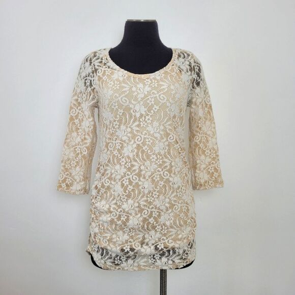 Jessica Simpson Maternity Top Lace Sheer Beige Gold Formal Event Dressy Small - Picture 2 of 11